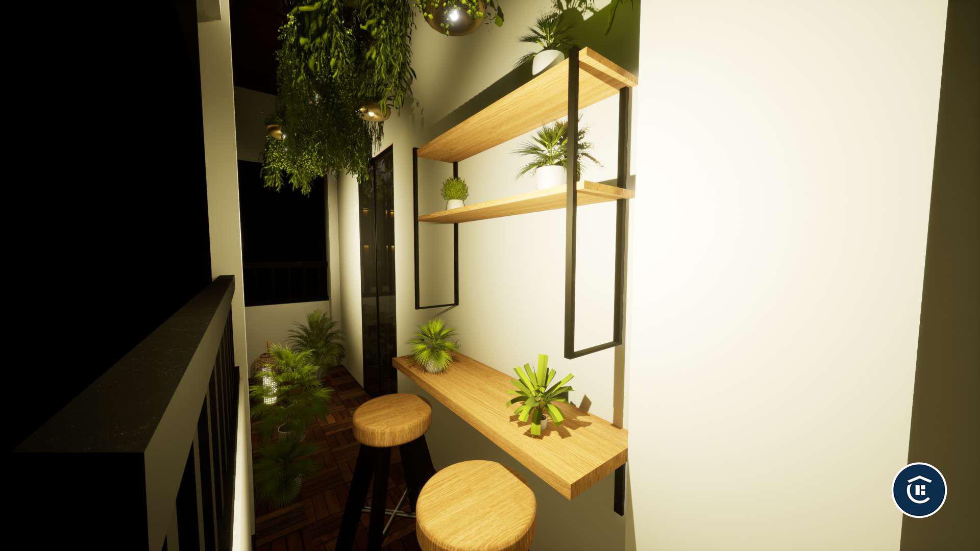 Biophilic bedroom with hanging greenery and warm brass pendants